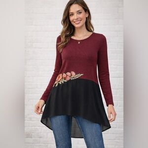 I.N. Studio Petite PM Burgundy Black High-Low Tunic Top Floral Long Sleeve